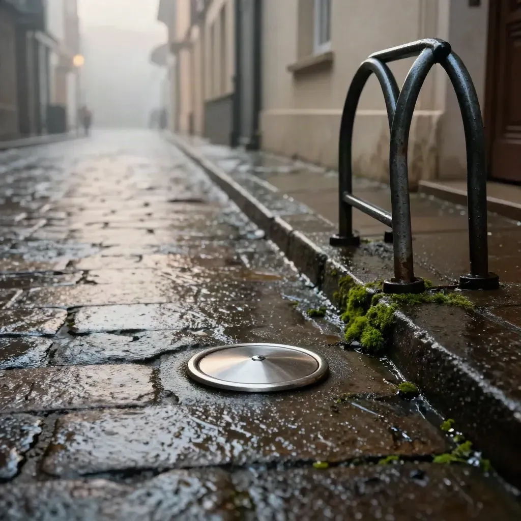 Altstadtgasse nach dem Regen mit Treffpunktmarker und Fahrradständern