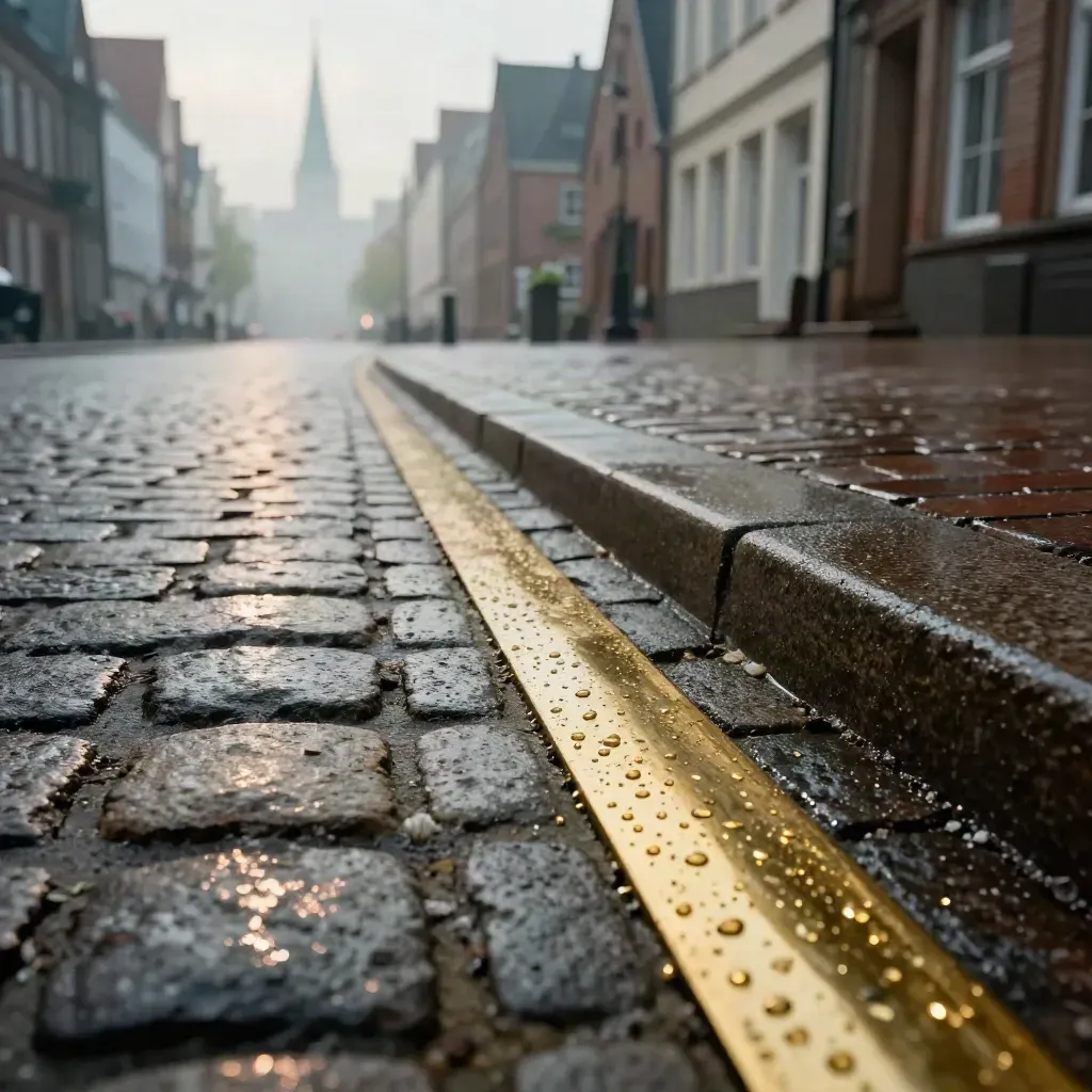 Nasse Hamburger Altstadt mit Messing-Markierungen und Licht auf Kopfsteinpflaster