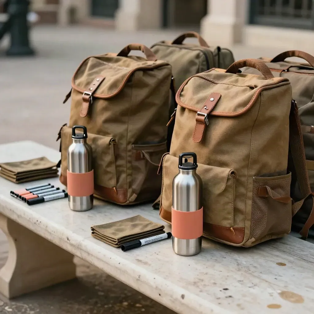 Vorbereitete Gruppen-Tour-Kits mit Wasserflaschen und Markern im hellen Innenhof