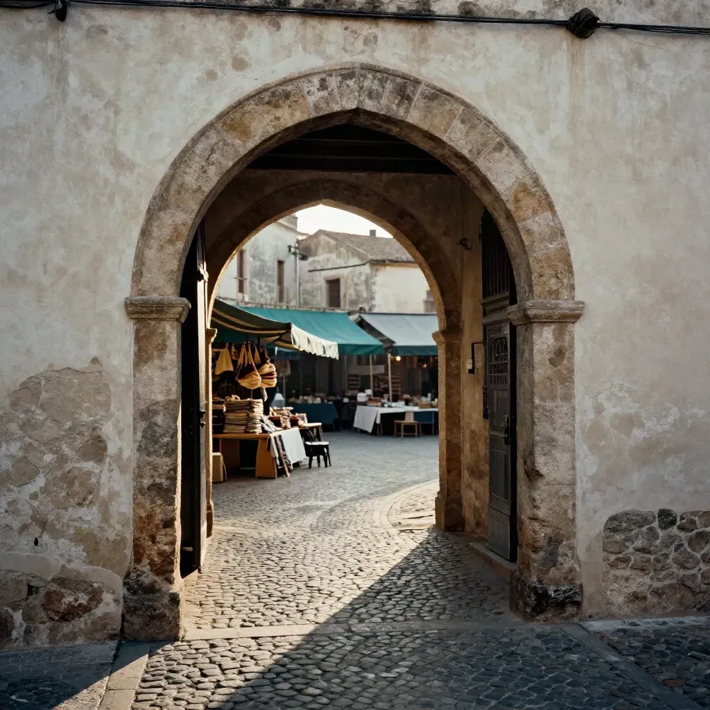 Altstadtbogen mit Kopfstein und Marktständen, ein ruhiger Weg führt zum Platz.