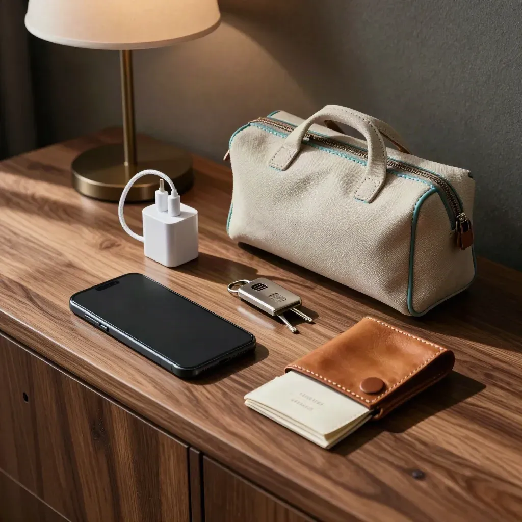 Reise-Set mit geschlossenem Handy, Ladegerät, Schlüssel-Token und Etui auf warmer Holzfläche.