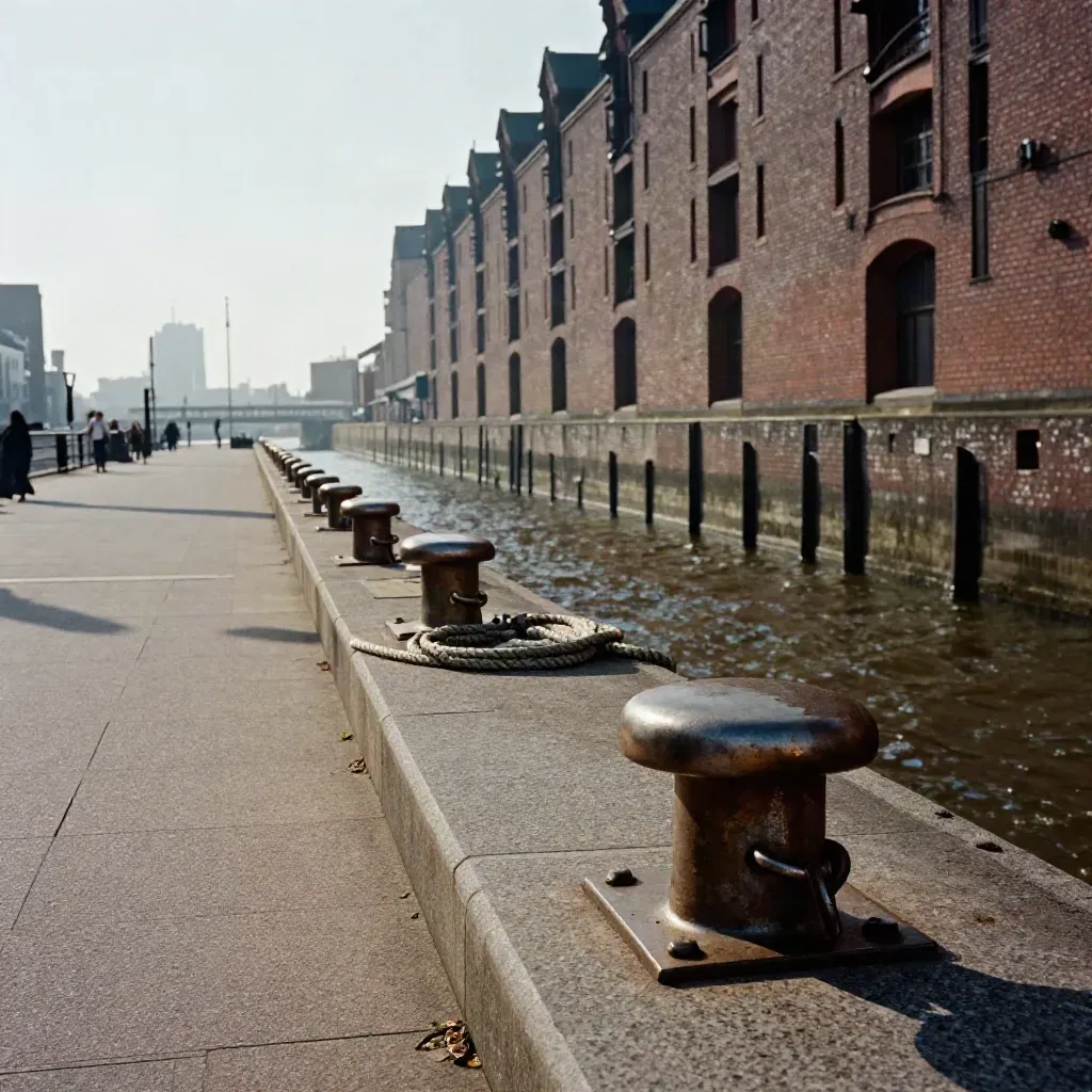 Leerer Sammelpunkt am Hamburger Hafen mit Steinmarkern, Pollern und Morgennebel.