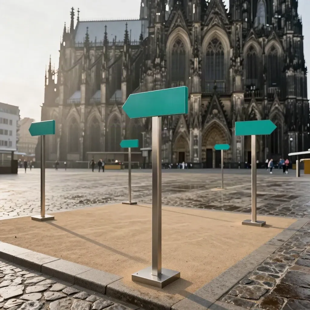 Drei Startzonen für Köln vor dem Dom, mit Teal-Markern und warmem Abendlicht.