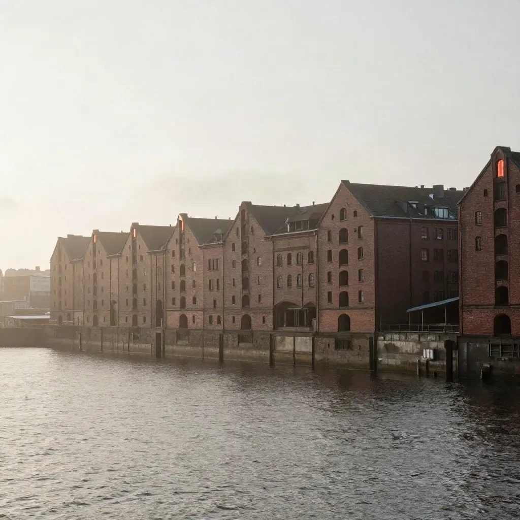 Speicherstadt im Morgennebel über ruhigem Hafenwasser, hohe Silhouette und freie Fläche darunter