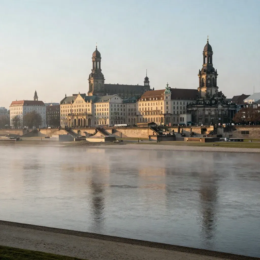 Elbsandstein und Flussnebel in Dresden bei Abendlicht