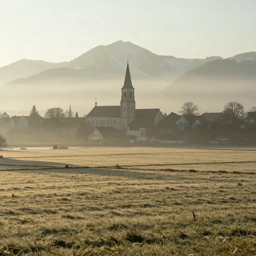 München und Alpen im Morgenlicht über einer stillen Wiese in Süddeutschland.